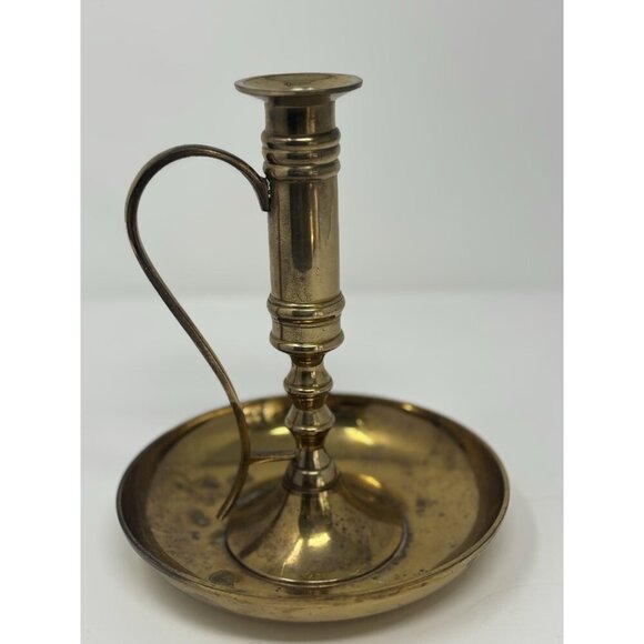 Vintage Brass Gold Brutalist MC Candlestick Candle Holder with Handle Large Aged - Picture 1 of 9